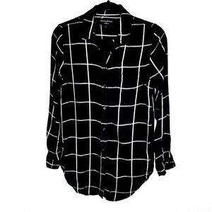 Banana Republic Women's Black Windowpane Plaid Button Boyfriend Top Blouse